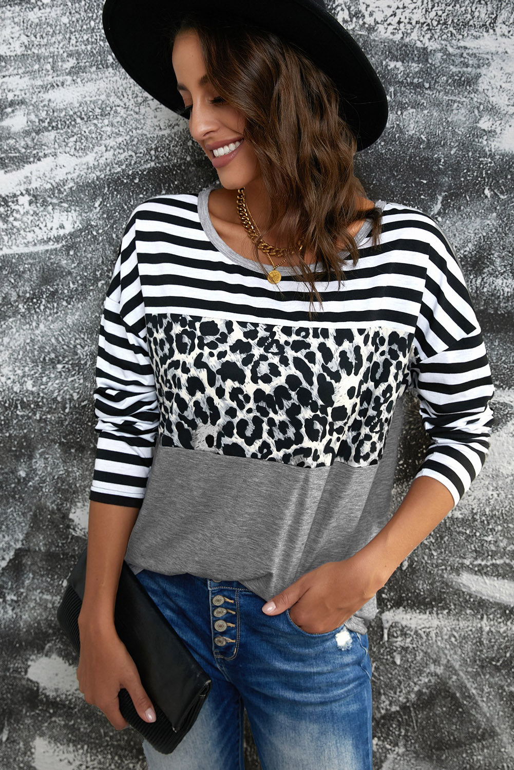 A stylish Striped Leopard Block Splicing Long Sleeve Top featuring a mix of leopard print, stripes, and solid colors, perfect for modern women.