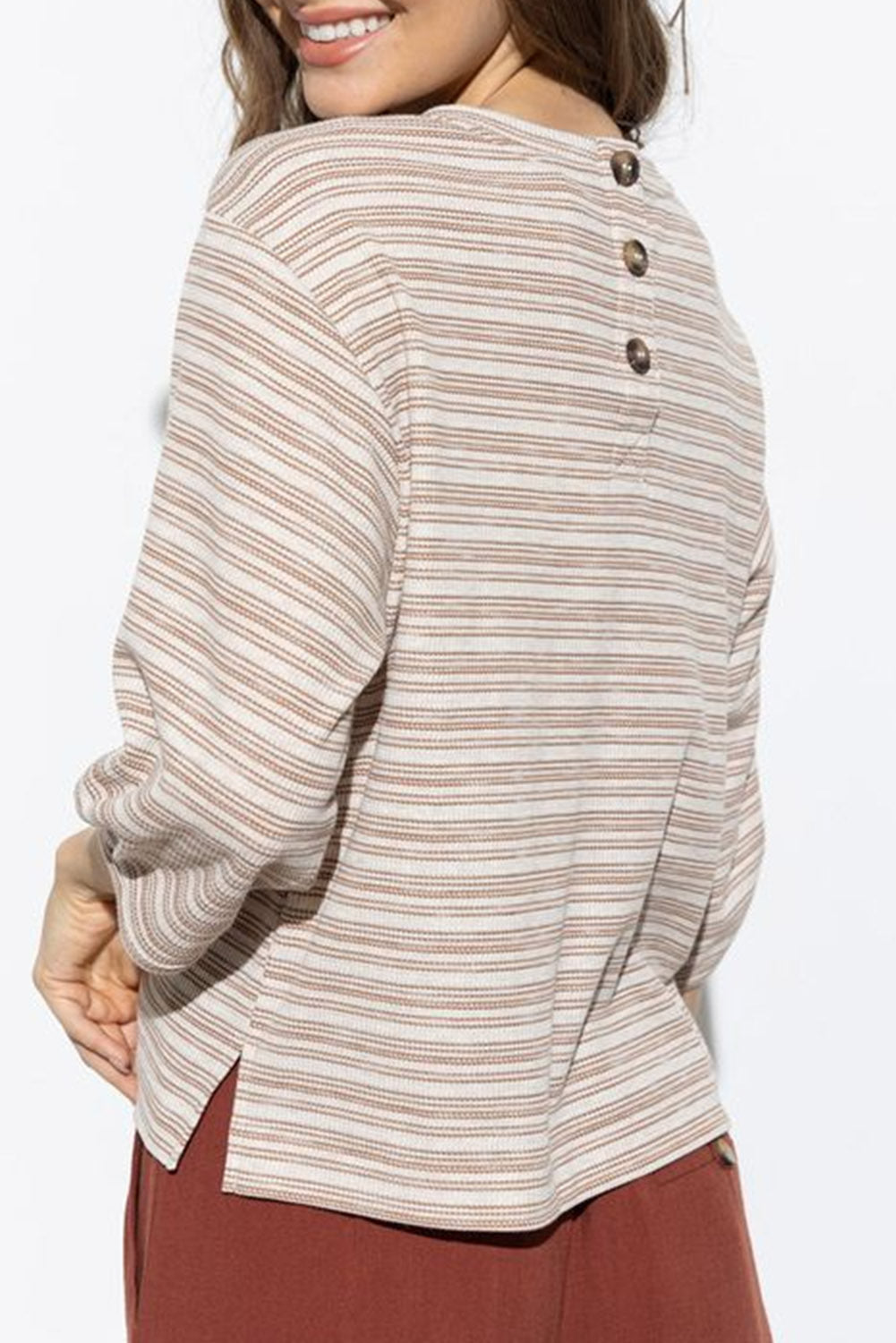 A stylish striped print crew neck top featuring elegant puff bracelet sleeves, perfect for casual outings.