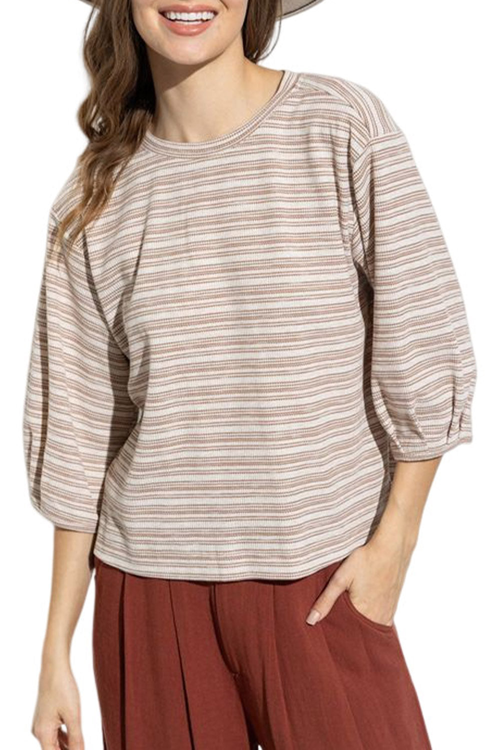 A stylish striped print crew neck top featuring elegant puff bracelet sleeves, perfect for casual outings.