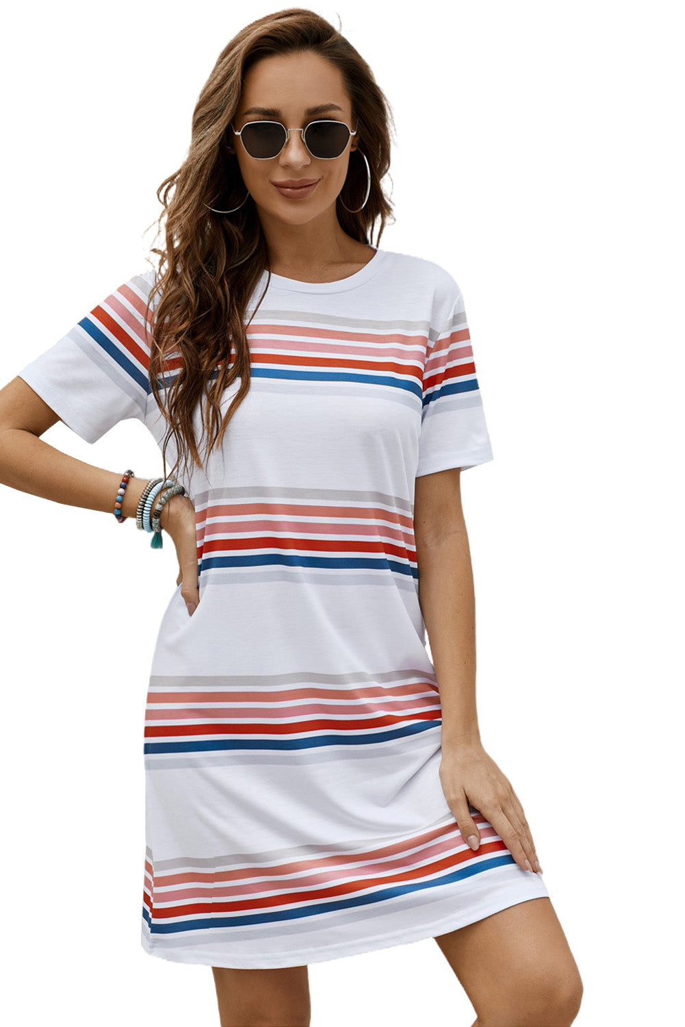 A stylish striped print round neck t-shirt mini dress displayed on a mannequin, showcasing its casual and chic design.