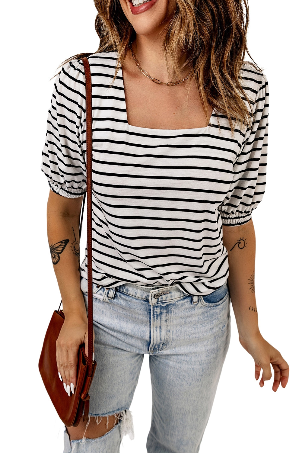 A stylish striped puff sleeve top featuring a square neckline and relaxed fit, perfect for casual outings.