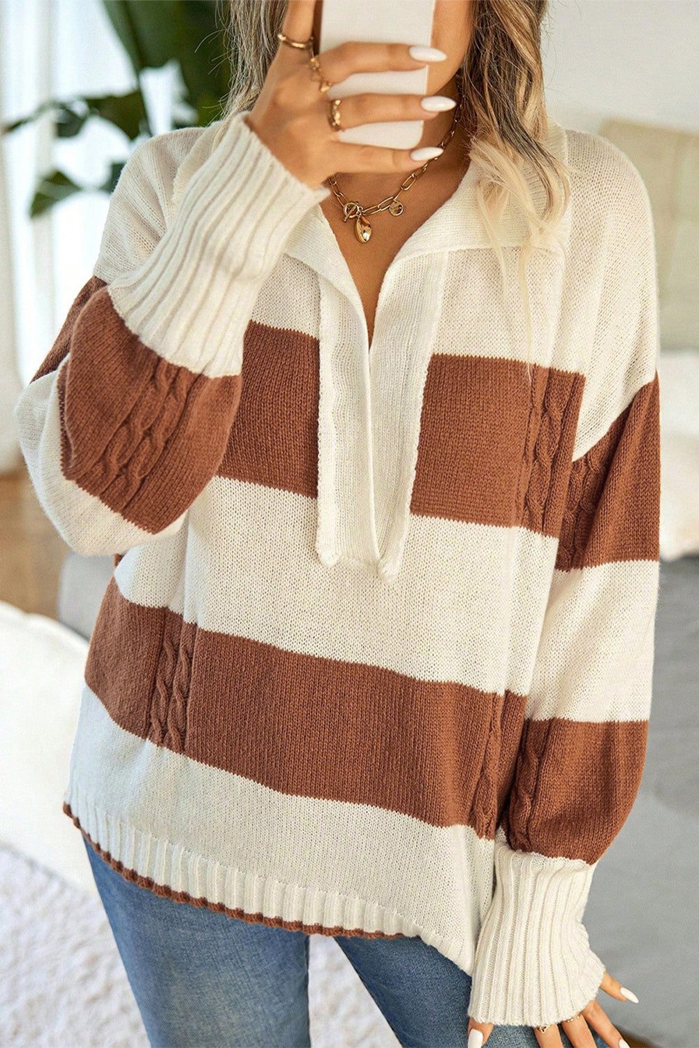 A stylish Stripes Collared Neck Corded Sweater featuring a trendy striped pattern and a sophisticated collared neck design, perfect for casual and semi-formal wear.