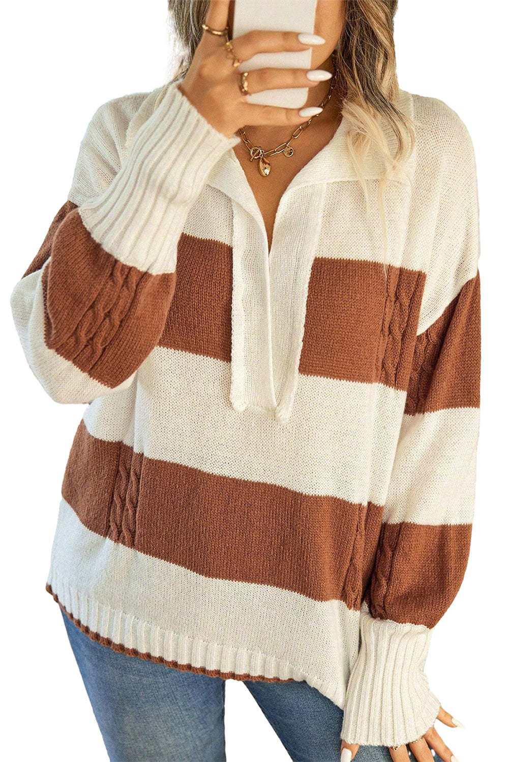 A stylish Stripes Collared Neck Corded Sweater featuring a trendy striped pattern and a sophisticated collared neck design, perfect for casual and semi-formal wear.