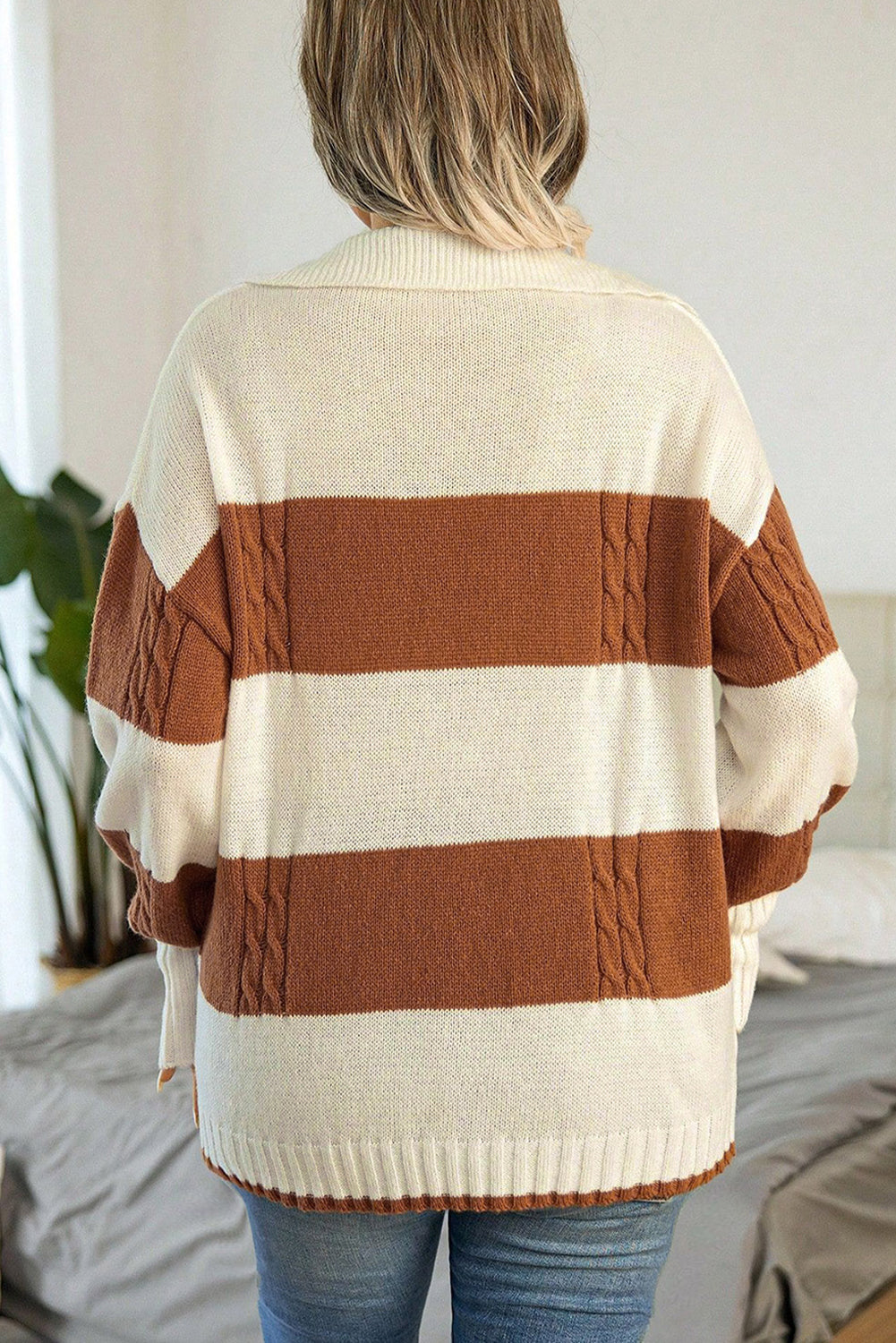 A stylish Stripes Collared Neck Corded Sweater featuring a trendy striped pattern and a sophisticated collared neck design, perfect for casual and semi-formal wear.