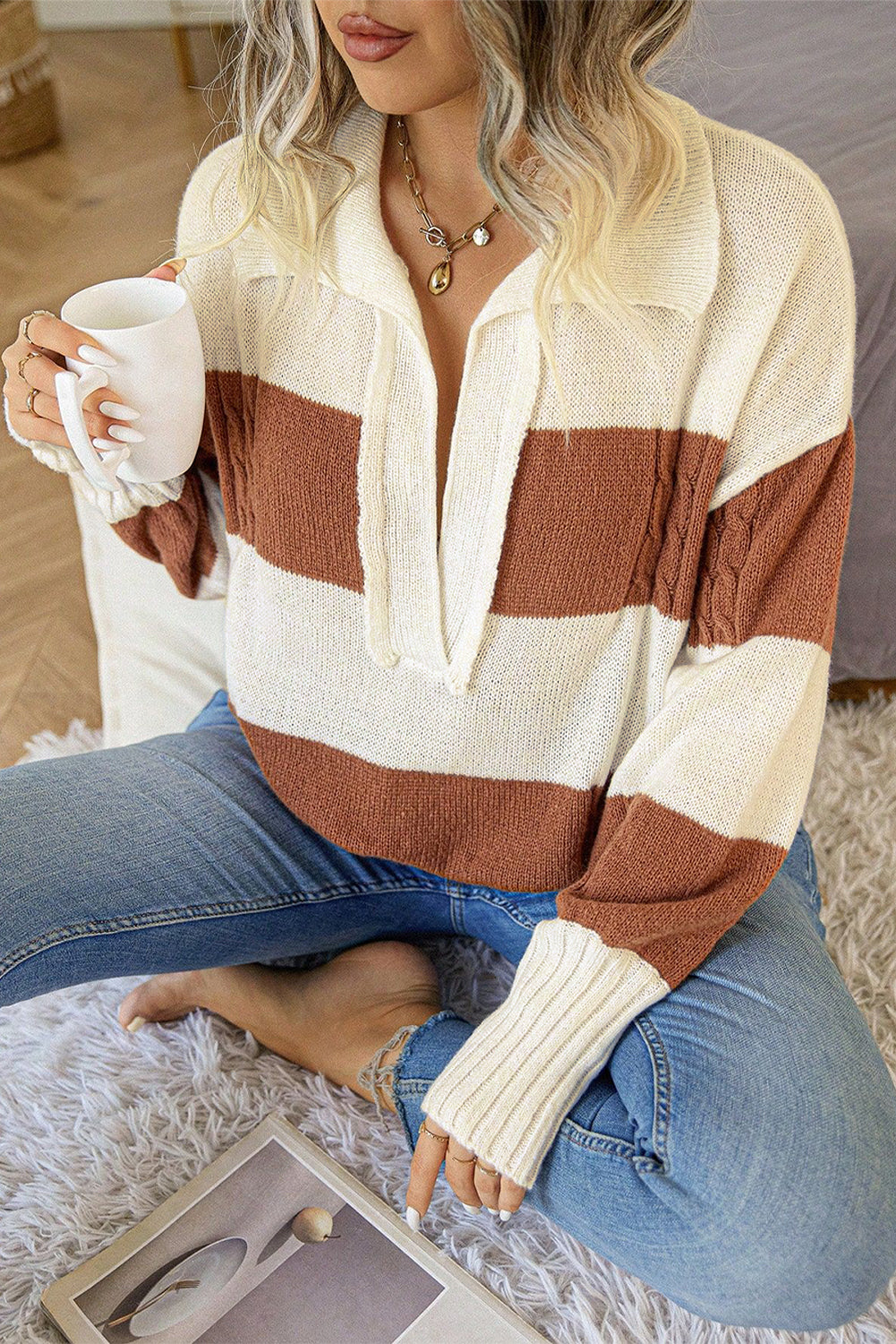 A stylish Stripes Collared Neck Corded Sweater featuring a trendy striped pattern and a sophisticated collared neck design, perfect for casual and semi-formal wear.