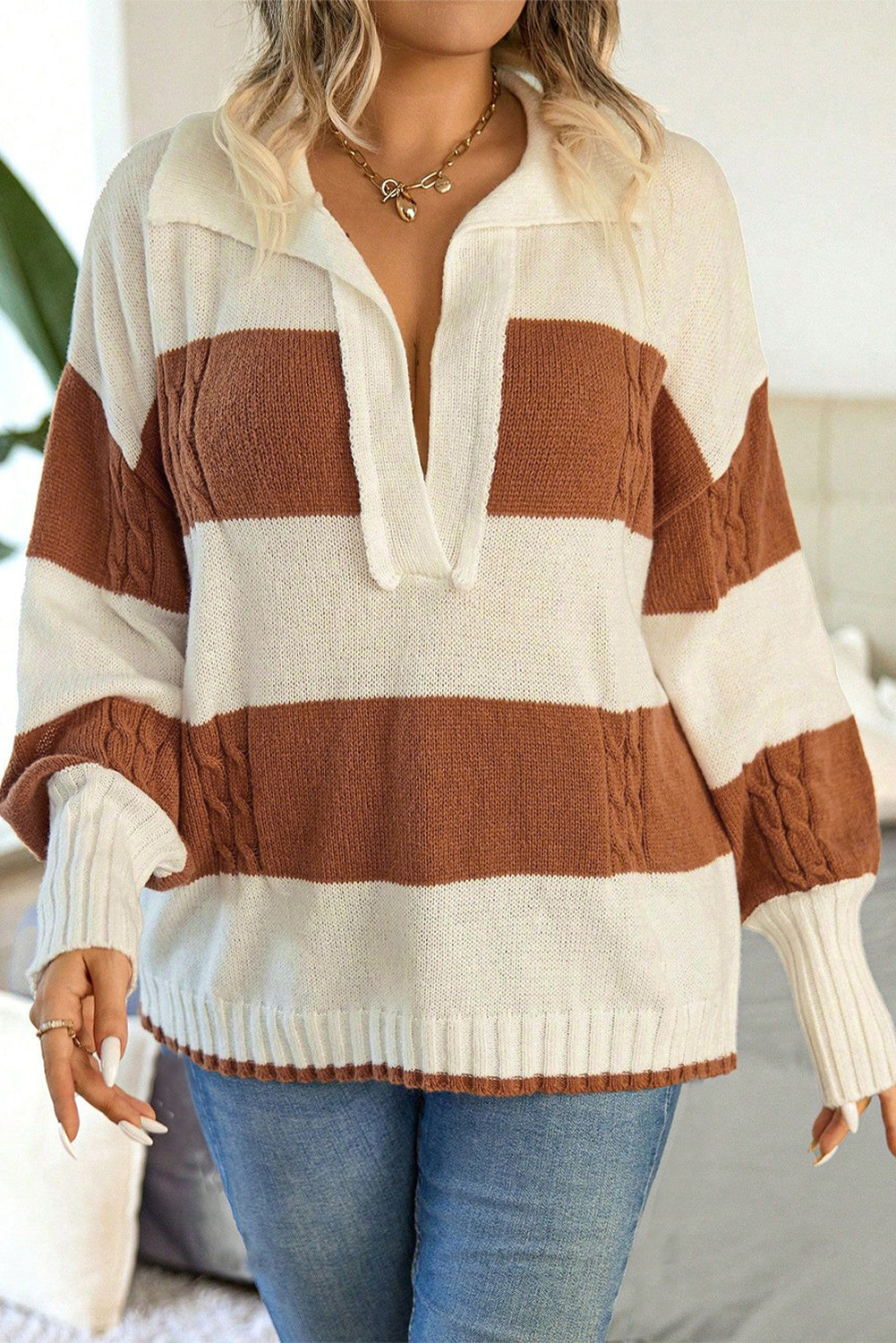 A stylish Stripes Collared Neck Corded Sweater featuring a trendy striped pattern and a sophisticated collared neck design, perfect for casual and semi-formal wear.