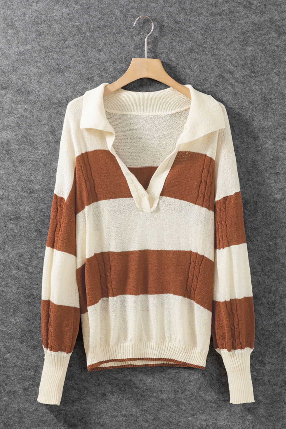 A stylish Stripes Collared Neck Corded Sweater featuring a trendy striped pattern and a sophisticated collared neck design, perfect for casual and semi-formal wear.