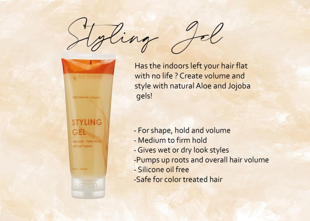 A bottle of Styling Gel with a sleek design, showcasing its medium to firm hold for flat hair, emphasizing volume and non-drying properties.