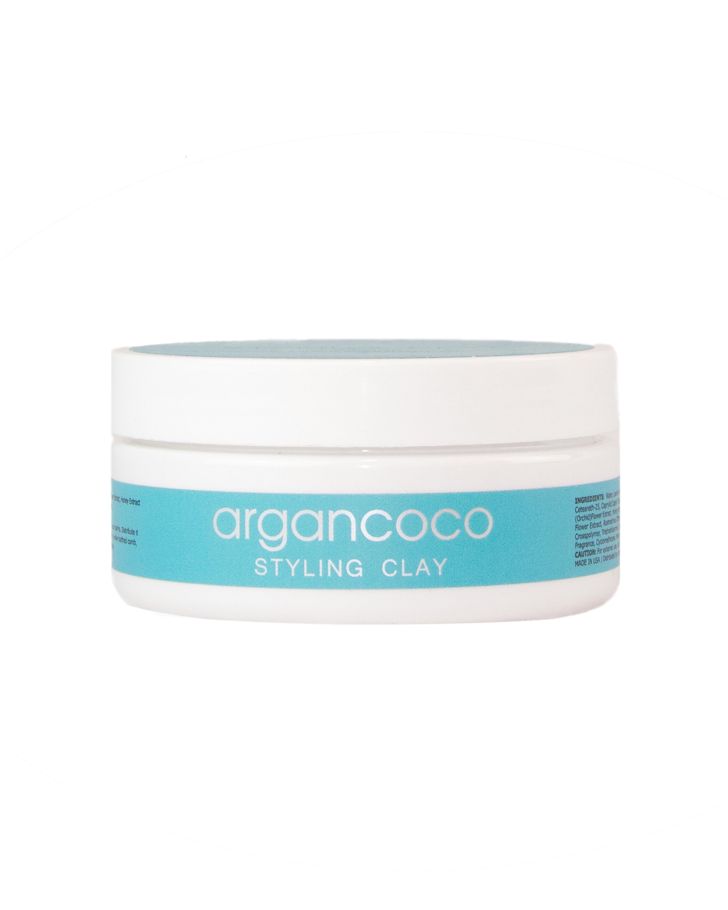 ArganCoco Styling Hair Clay in a 3-ounce container, showcasing its natural ingredients and matte finish for hair styling.