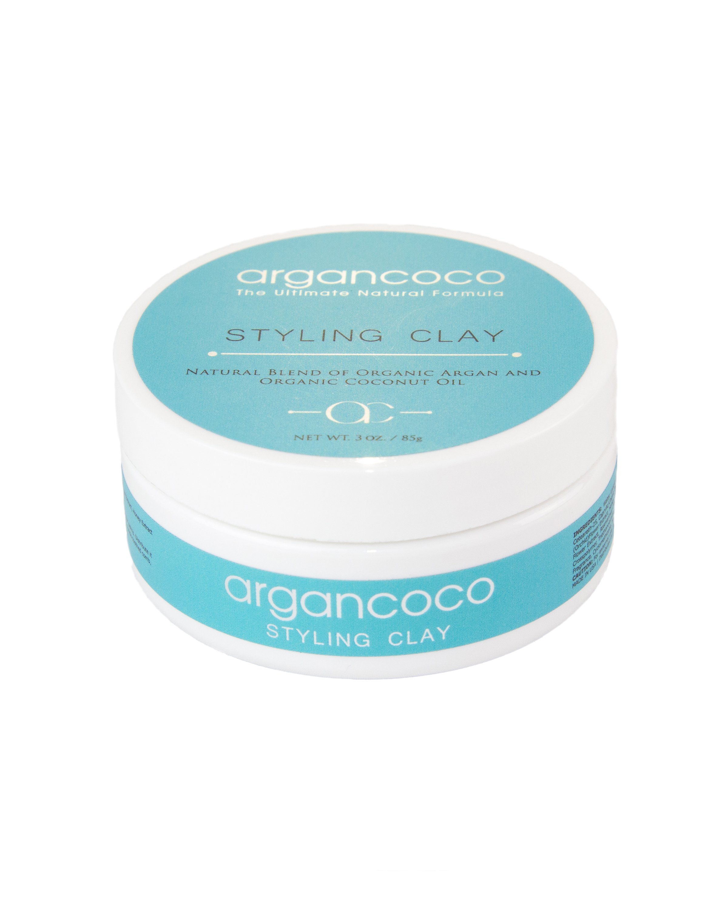 ArganCoco Styling Hair Clay in a 3-ounce container, showcasing its natural ingredients and matte finish for hair styling.