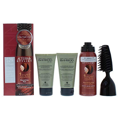 Alterna Stylist Gift Set featuring 90ml Ravish Red highlights and 40ml Bamboo Shine Shampoo and Conditioner in elegant packaging.