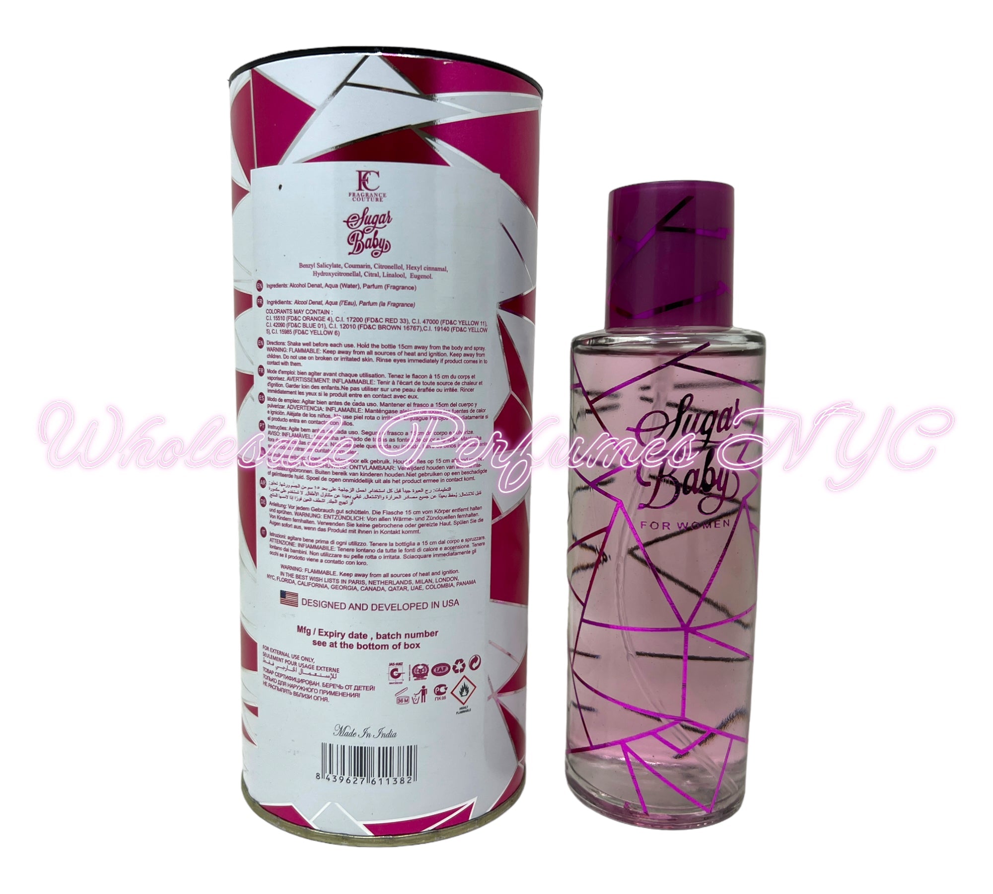 A stylish 3.4oz bottle of Sugar Baby Eau de Parfum for Women, featuring a chic design and elegant packaging.