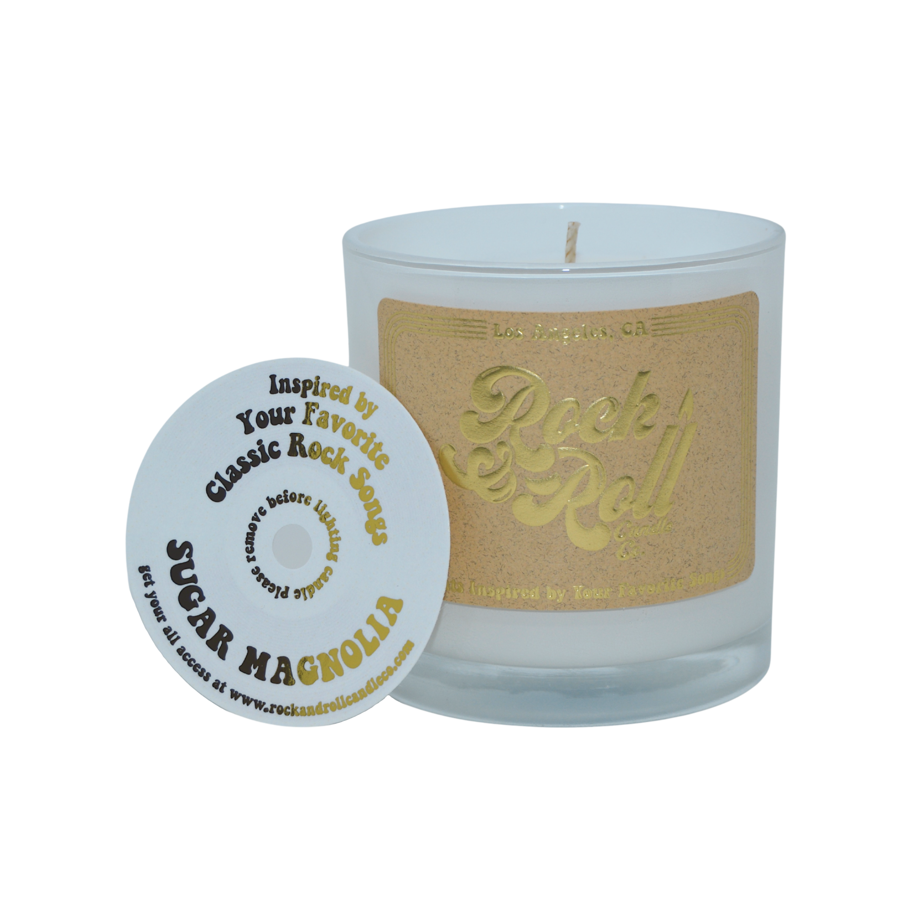 A 10oz Sugar Magnolia candle with warm sugar and magnolia blossom scent, featuring eco-friendly coconut wax and a stylish design.