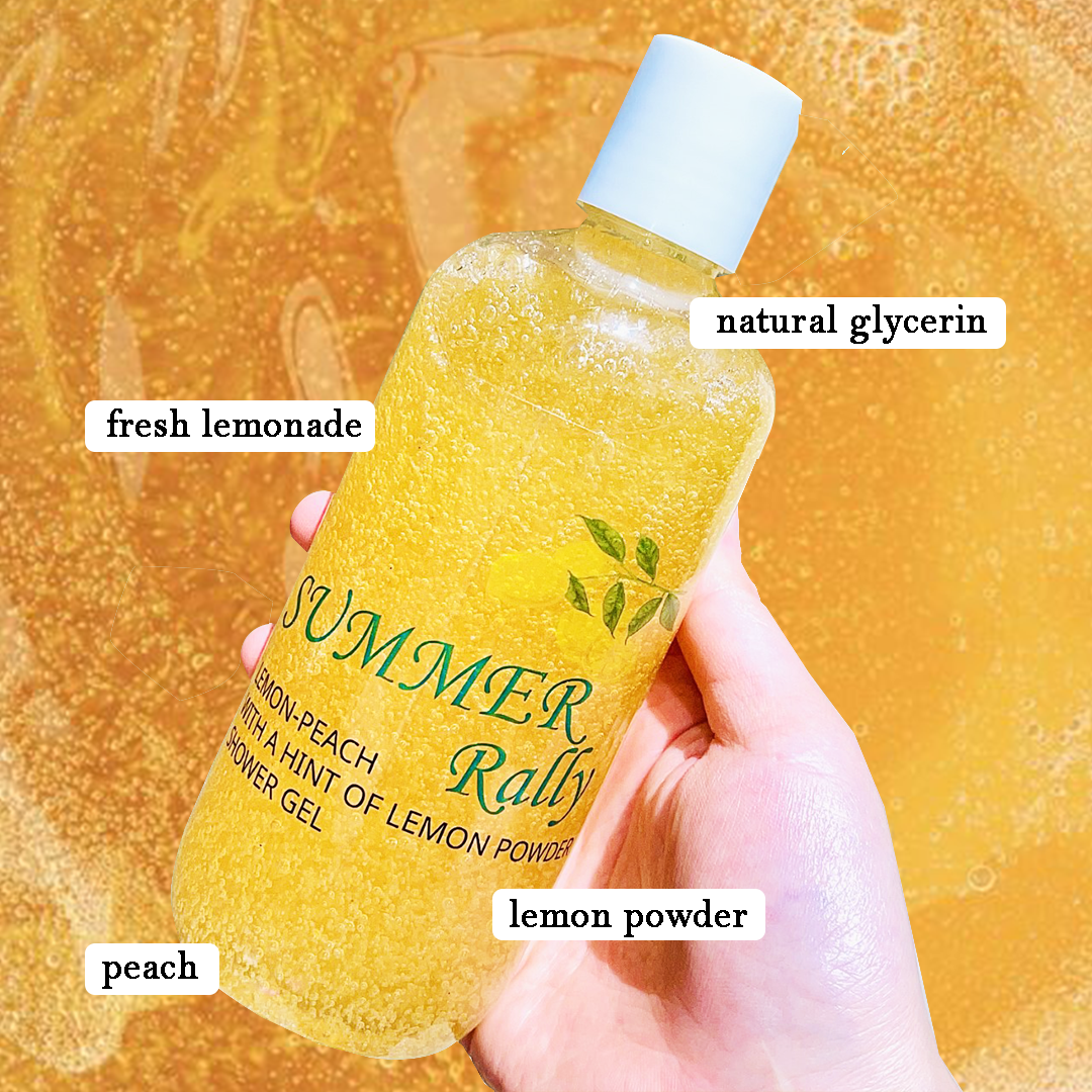 A bottle of Summer Rally Lemon Body Wash with a vibrant lemon design, showcasing its refreshing lemon-peach scent and creamy lather.