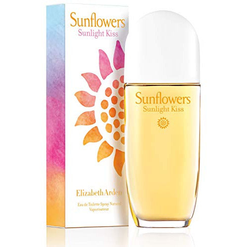 A bottle of Elizabeth Arden Sunflowers Sunlight Kiss Eau de Toilette, featuring a bright yellow design with floral accents.