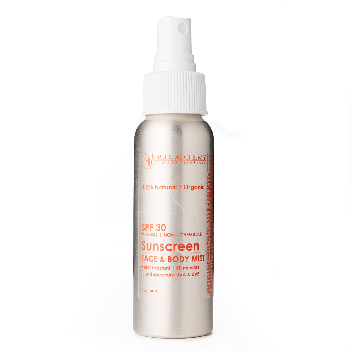 Sunscreen SPF30 Face & Body Mist in a sleek spray bottle, ideal for all skin types, providing sun protection and hydration.