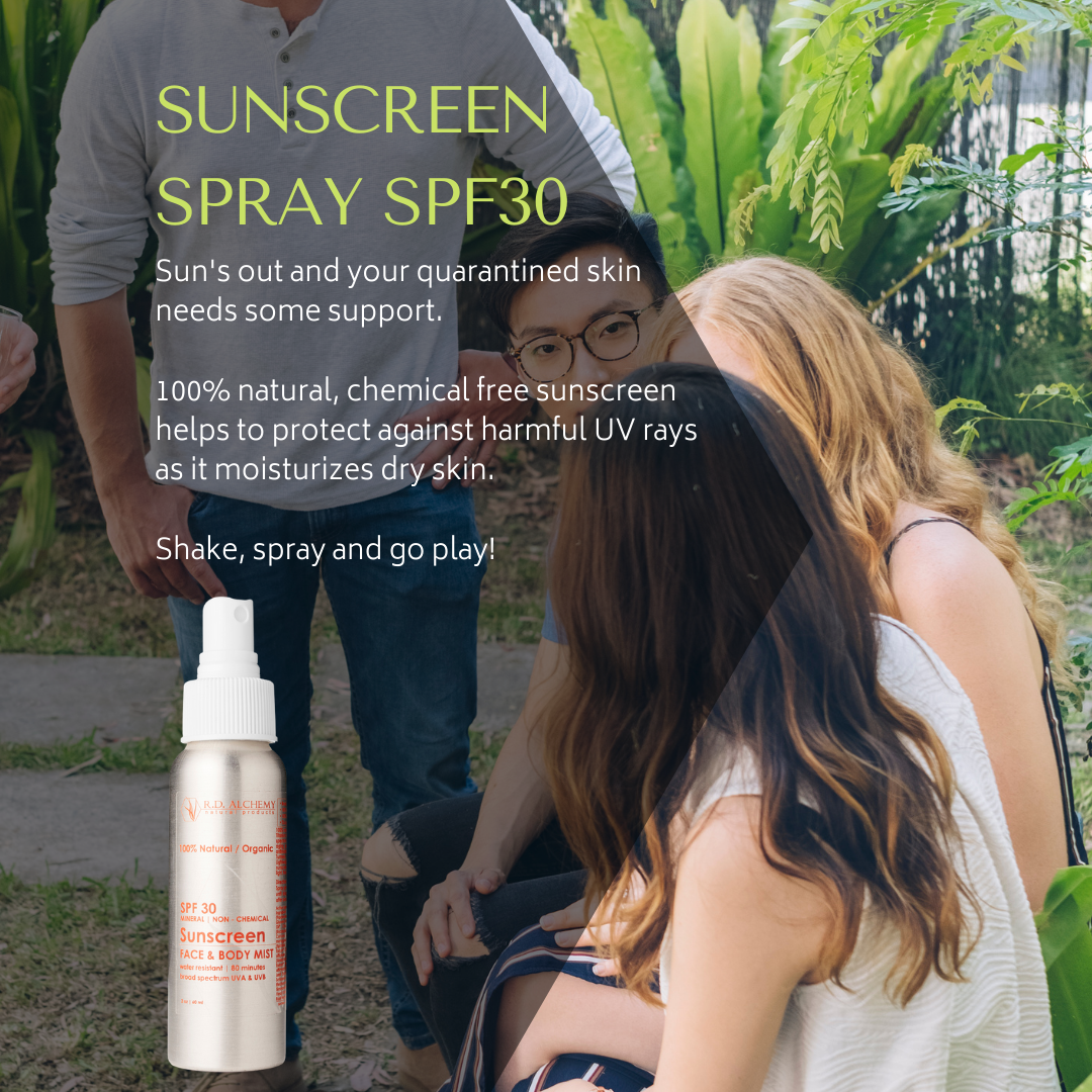 Sunscreen SPF30 Face & Body Mist in a sleek spray bottle, ideal for all skin types, providing sun protection and hydration.