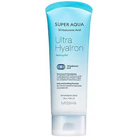 Missha Super Aqua Ultra Hyalron Peeling Gel in a clear tube with a blue label, showcasing its hydrating and exfoliating properties.