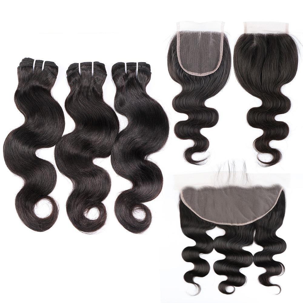 Super Double Drawn 12A Grade Body Wave hair bundles with closures and frontal, showcasing natural color and luxurious texture.