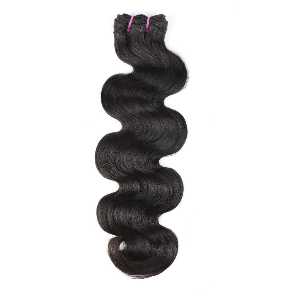 Super Double Drawn 12A Grade Body Wave hair bundles with closures and frontal, showcasing natural color and luxurious texture.