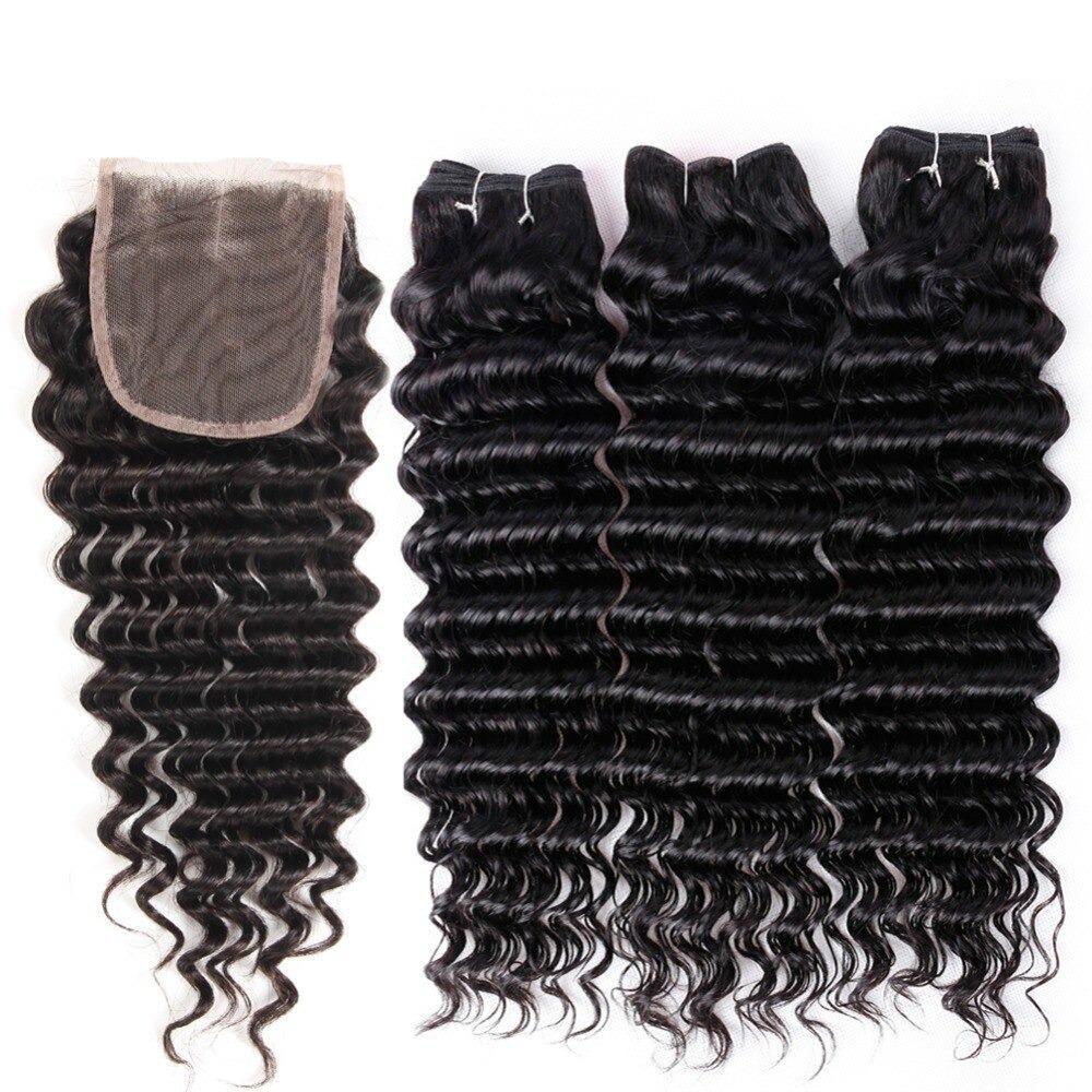 Super Double Drawn 12A Grade Deep Wave Bundles with Lace Frontal and Closure in Natural Color, showcasing luxurious texture and quality.