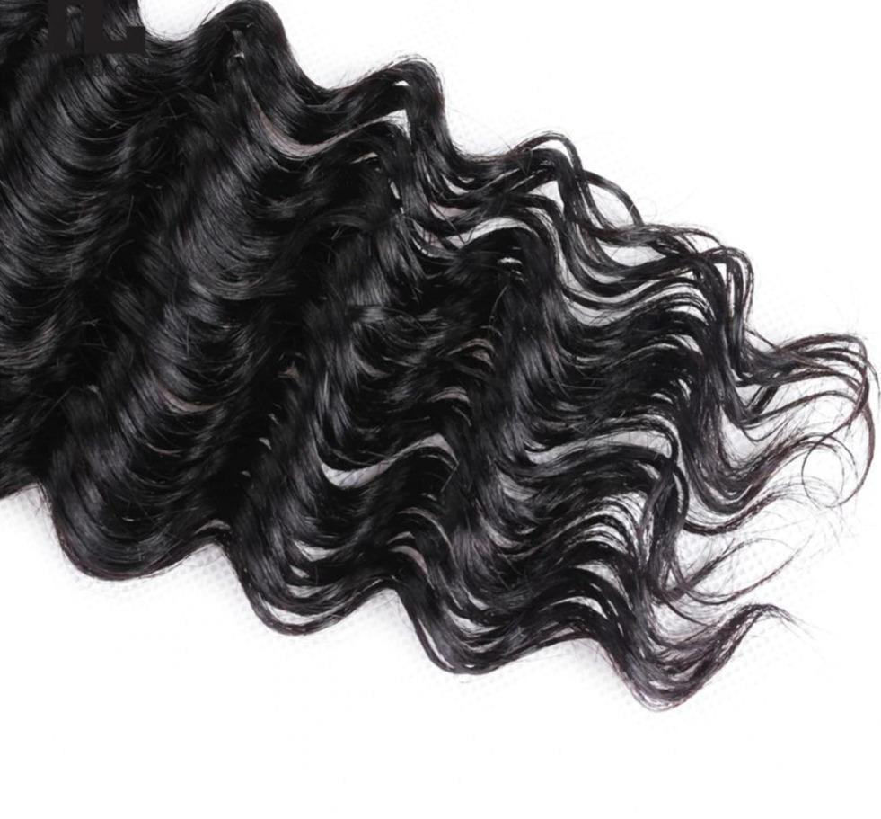 Super Double Drawn 12A Grade Deep Wave Bundles with Lace Frontal and Closure in Natural Color, showcasing luxurious texture and quality.