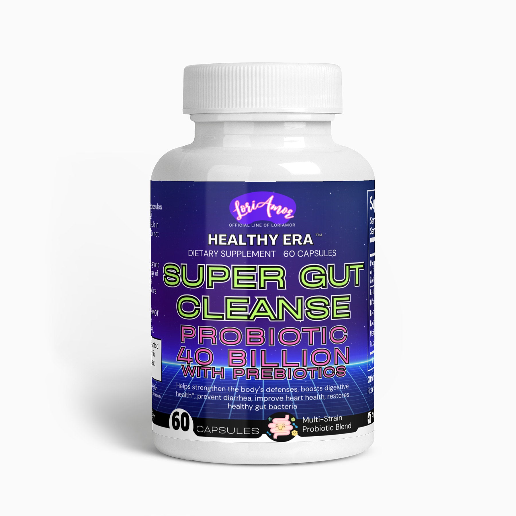 Super Gut Cleanse Probiotic 40 Billion with Prebiotics in a bottle, showcasing its natural ingredients and dietary supplement benefits.