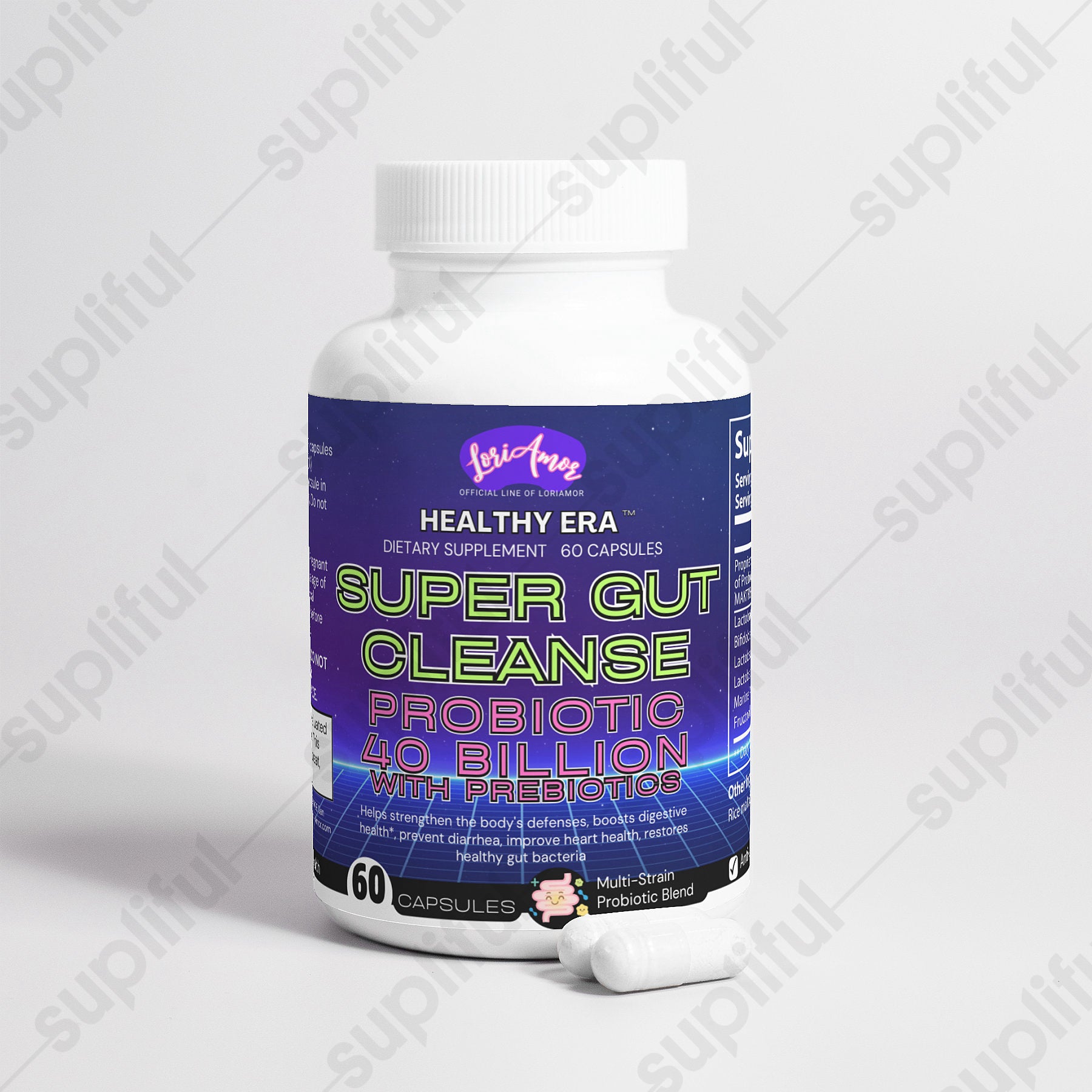 Super Gut Cleanse Probiotic 40 Billion with Prebiotics in a bottle, showcasing its natural ingredients and dietary supplement benefits.