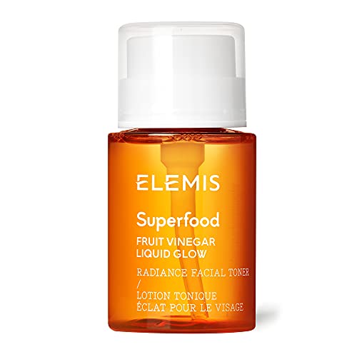 Bottle of Elemis Superfood Fruit Vinegar Liquid Glow with a vibrant label, showcasing its nourishing ingredients.