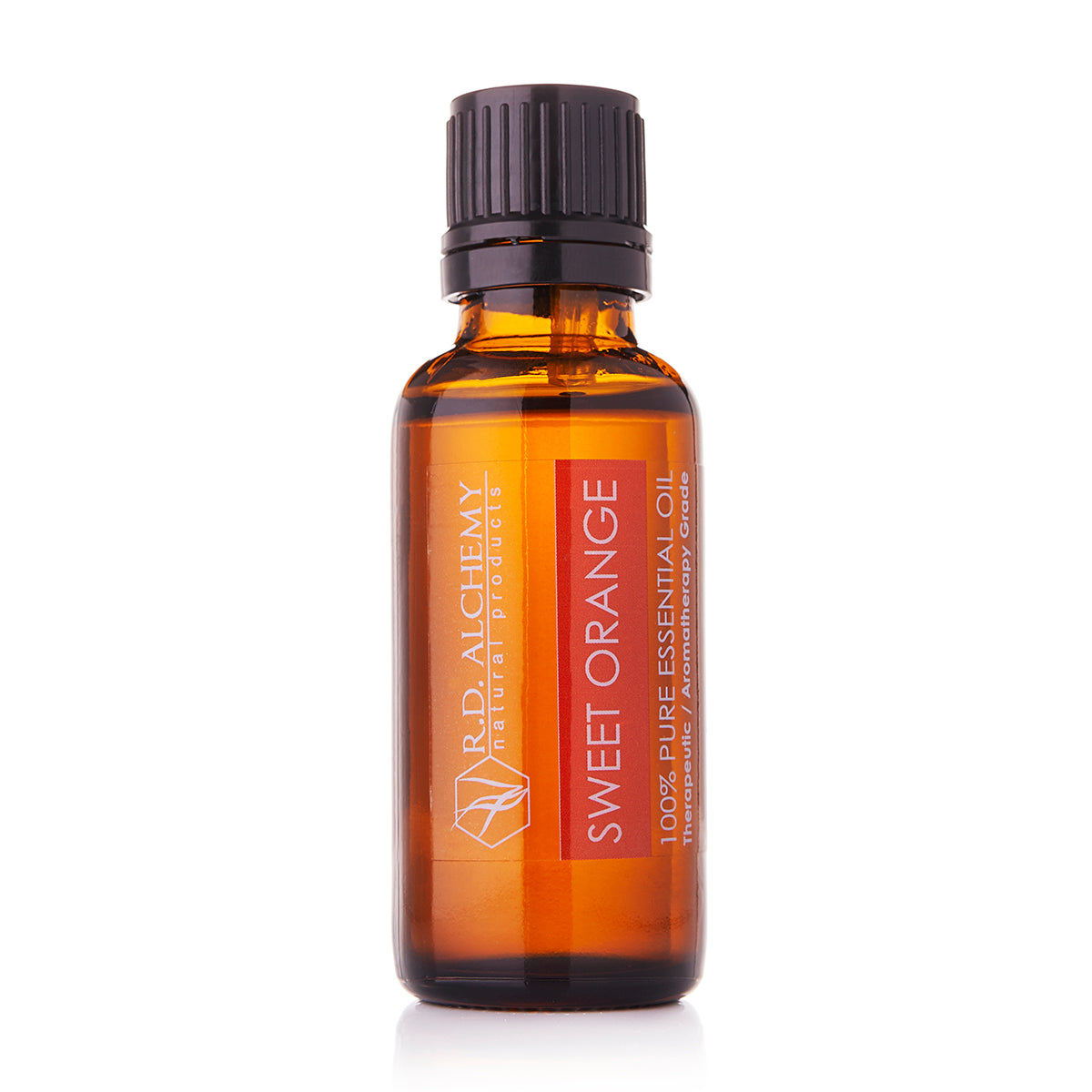 A bottle of Sweet Orange Essential Oil, 100% pure aromatherapy grade, with a vibrant orange label and a citrusy aroma.