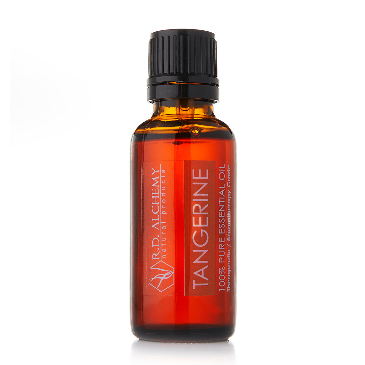 A bottle of 100% pure Tangerine Essential Oil, showcasing its vibrant orange color and elegant packaging, perfect for aromatherapy.