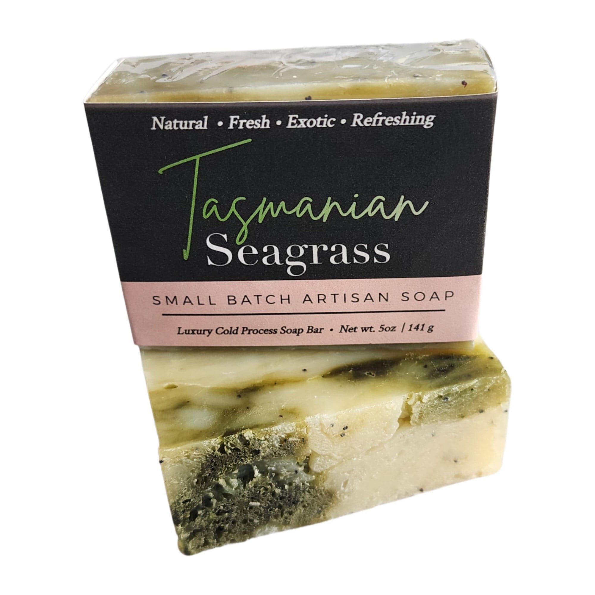 Tasmanian Seagrass Soap bar with poppy seeds and seaweed, wrapped in eco-friendly packaging, showcasing its natural ingredients and artisanal quality.