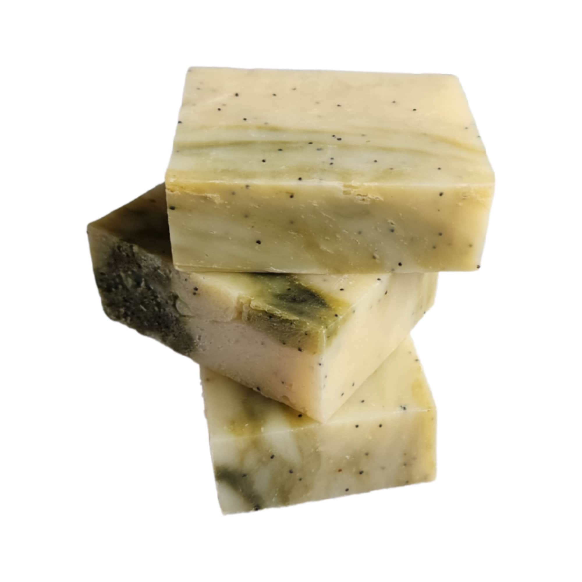 Tasmanian Seagrass Soap bar with poppy seeds and seaweed, wrapped in eco-friendly packaging, showcasing its natural ingredients and artisanal quality.