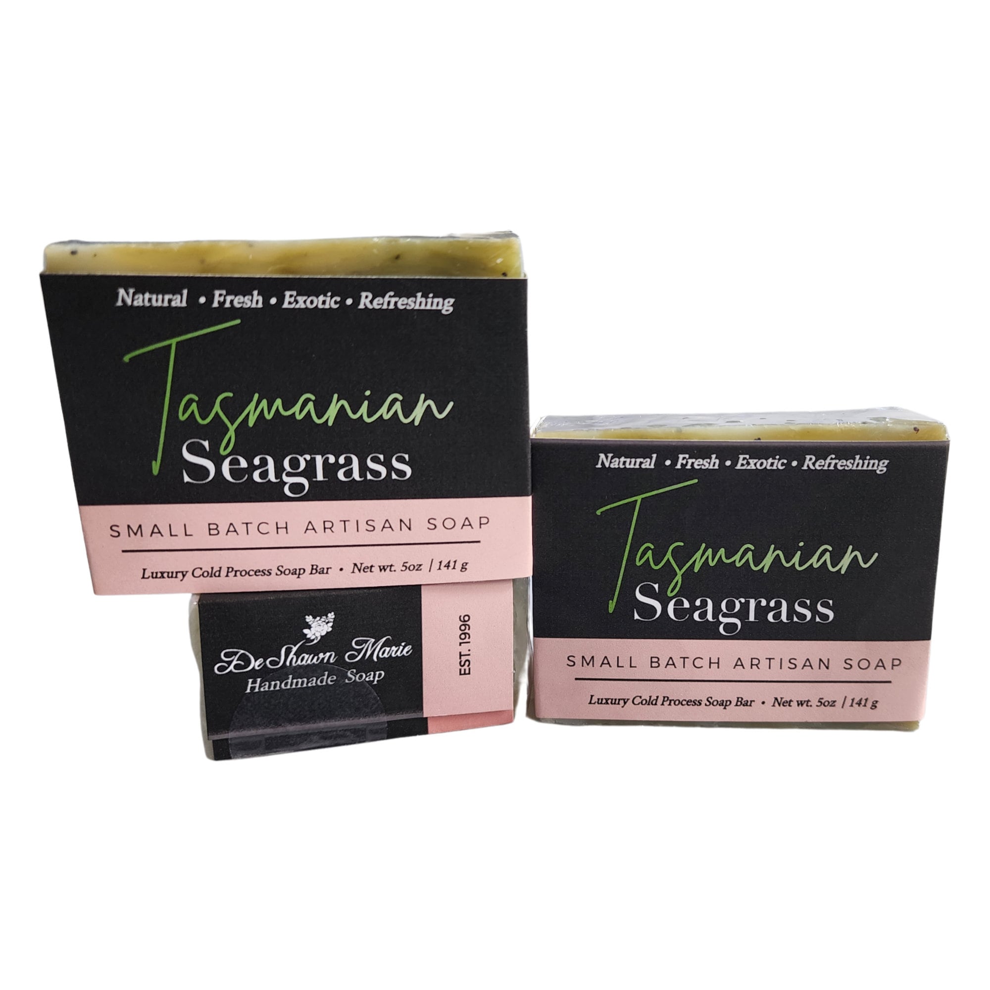 Tasmanian Seagrass Soap bar with poppy seeds and seaweed, wrapped in eco-friendly packaging, showcasing its natural ingredients and artisanal quality.