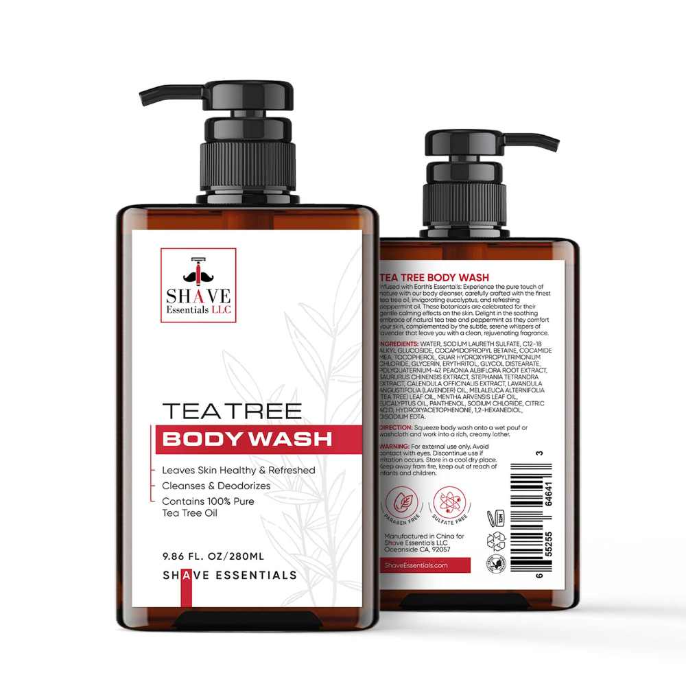 A bottle of Tea Tree Body Wash with natural ingredients, showcasing its refreshing and soothing properties.