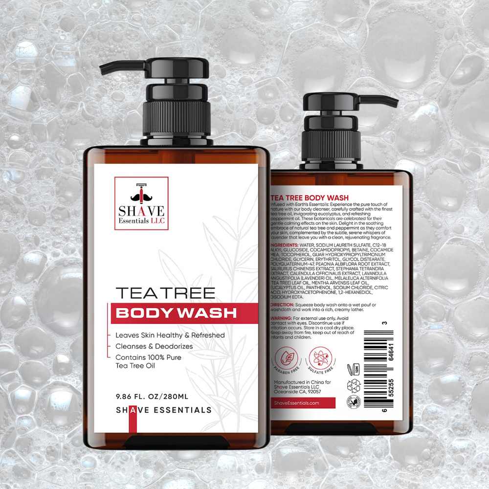 A bottle of Tea Tree Body Wash with natural ingredients, showcasing its refreshing and soothing properties.