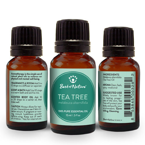 A bottle of 100% pure Tea Tree Essential Oil with fresh tea tree leaves in the background, showcasing its natural essence.