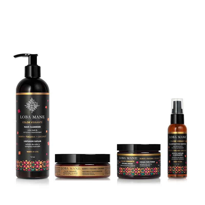 Loba Mane® Color Vibrante Complete Set featuring Hair Cleanser, Transformative Mask, Styling Cream, and Illuminating Hair Oil on a white background.