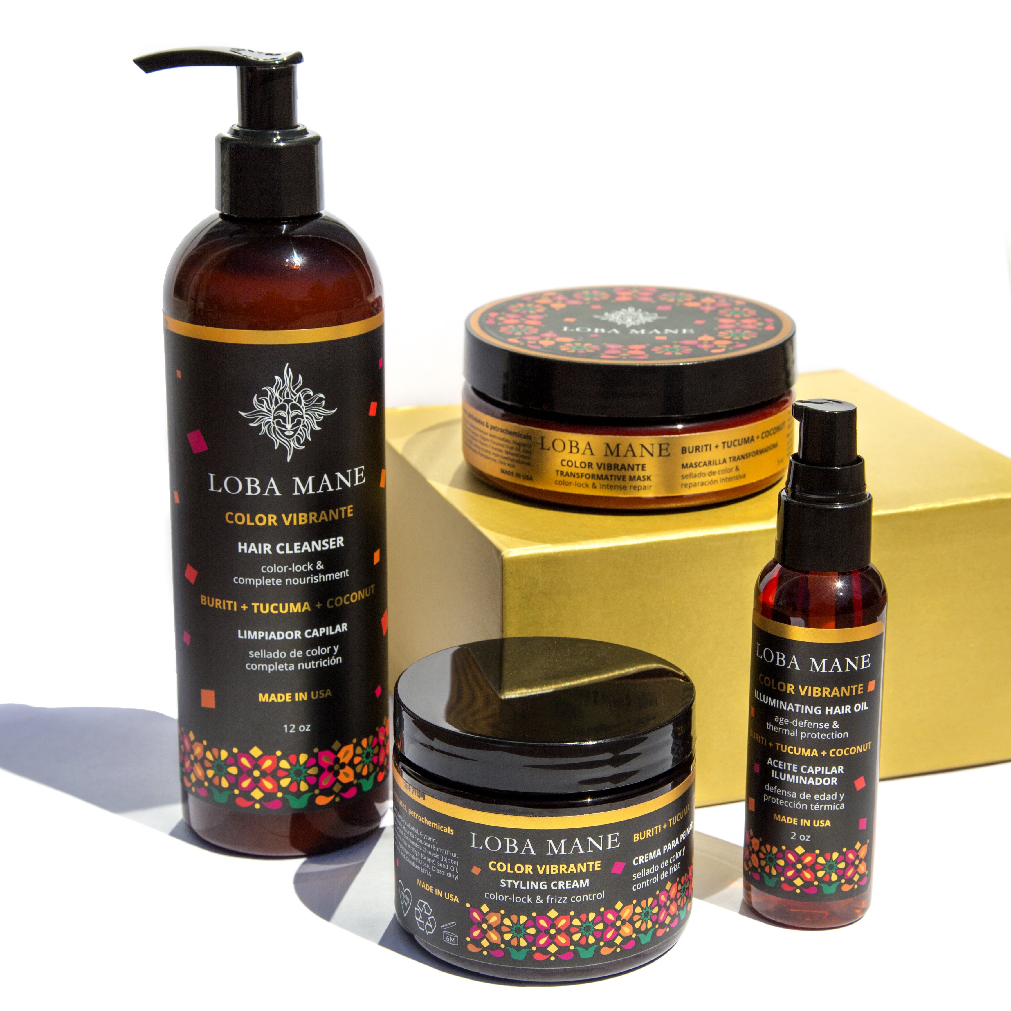 Loba Mane® Color Vibrante Complete Set featuring Hair Cleanser, Transformative Mask, Styling Cream, and Illuminating Hair Oil on a white background.