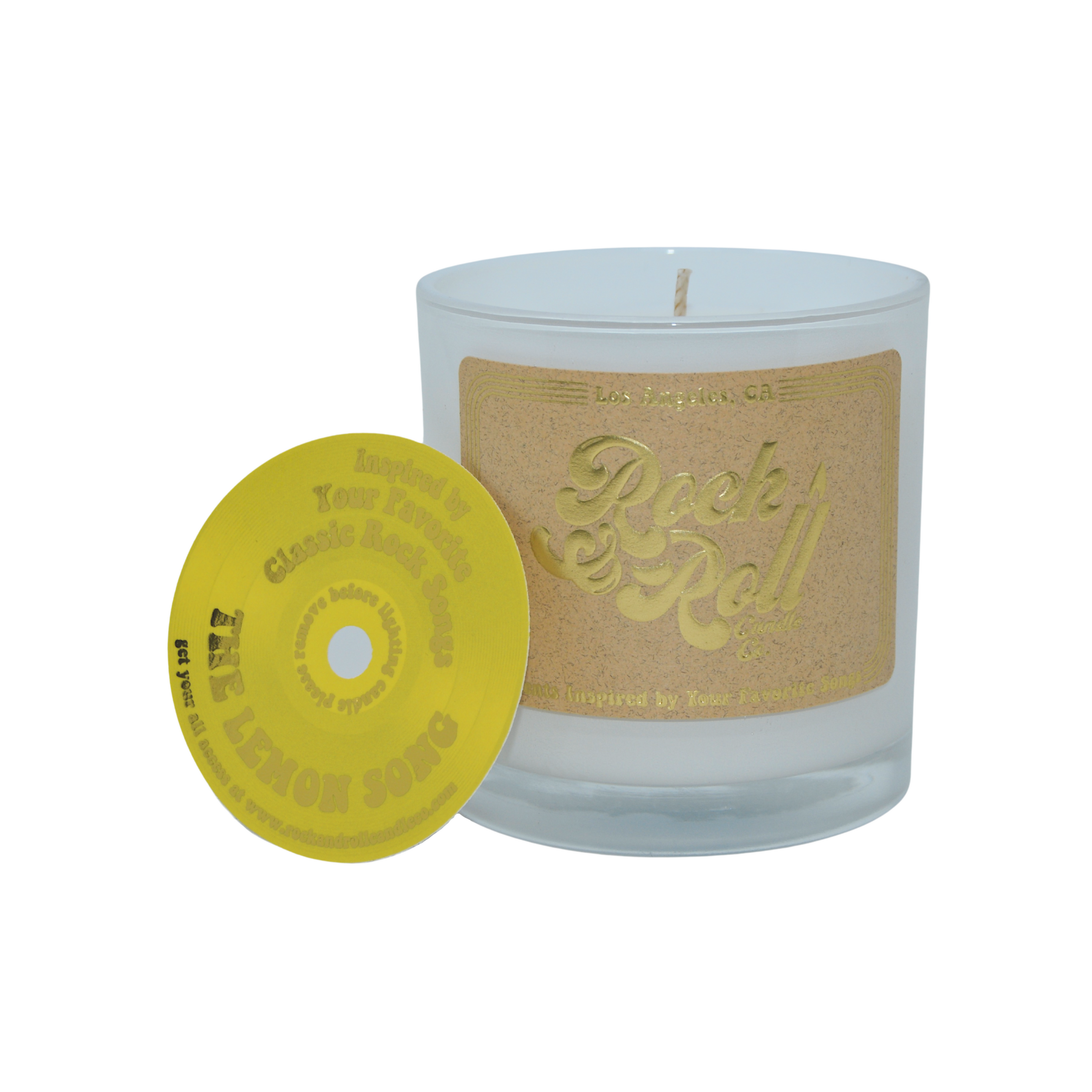 The Lemon Song candle featuring a bright yellow label with lemon graphics, showcasing its eco-friendly coconut wax and vibrant citrus scent.