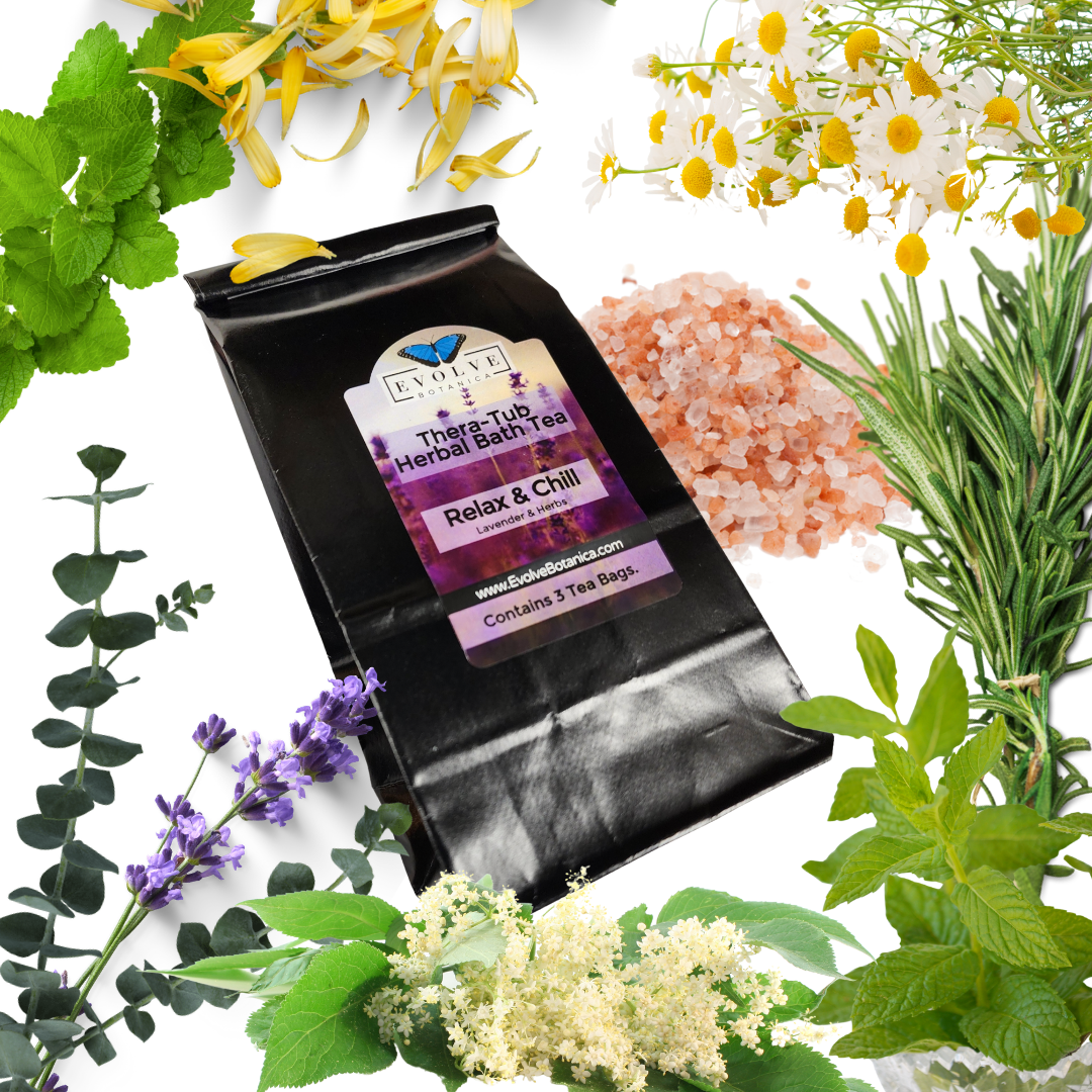 Thera-Tub Relax & Chill bath tea bags with lavender and herbs, perfect for a soothing bath experience.