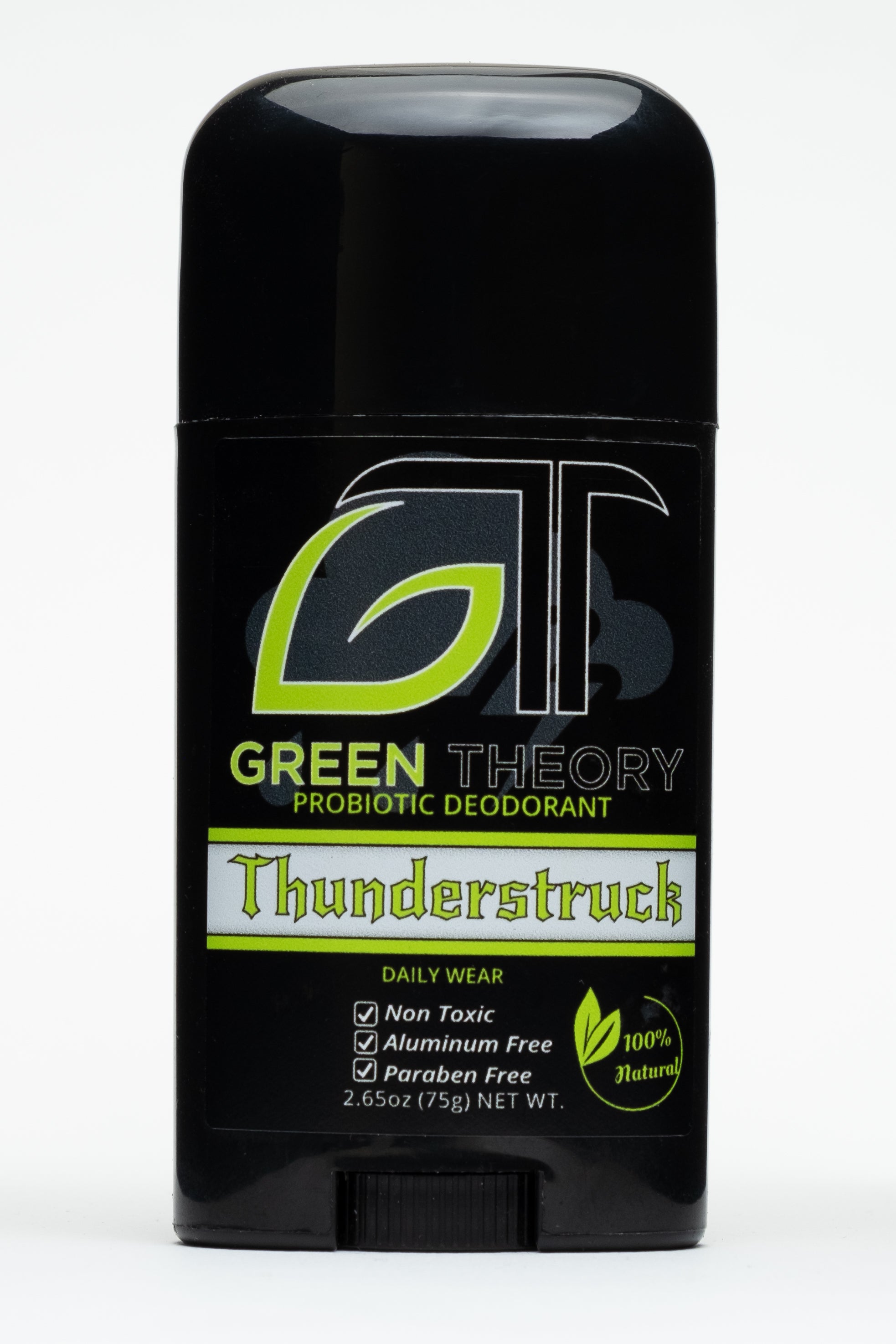 Thunderstruck Probiotic Natural Aluminum Free Deodorant with essential oils, showcasing its sleek design and natural ingredients.