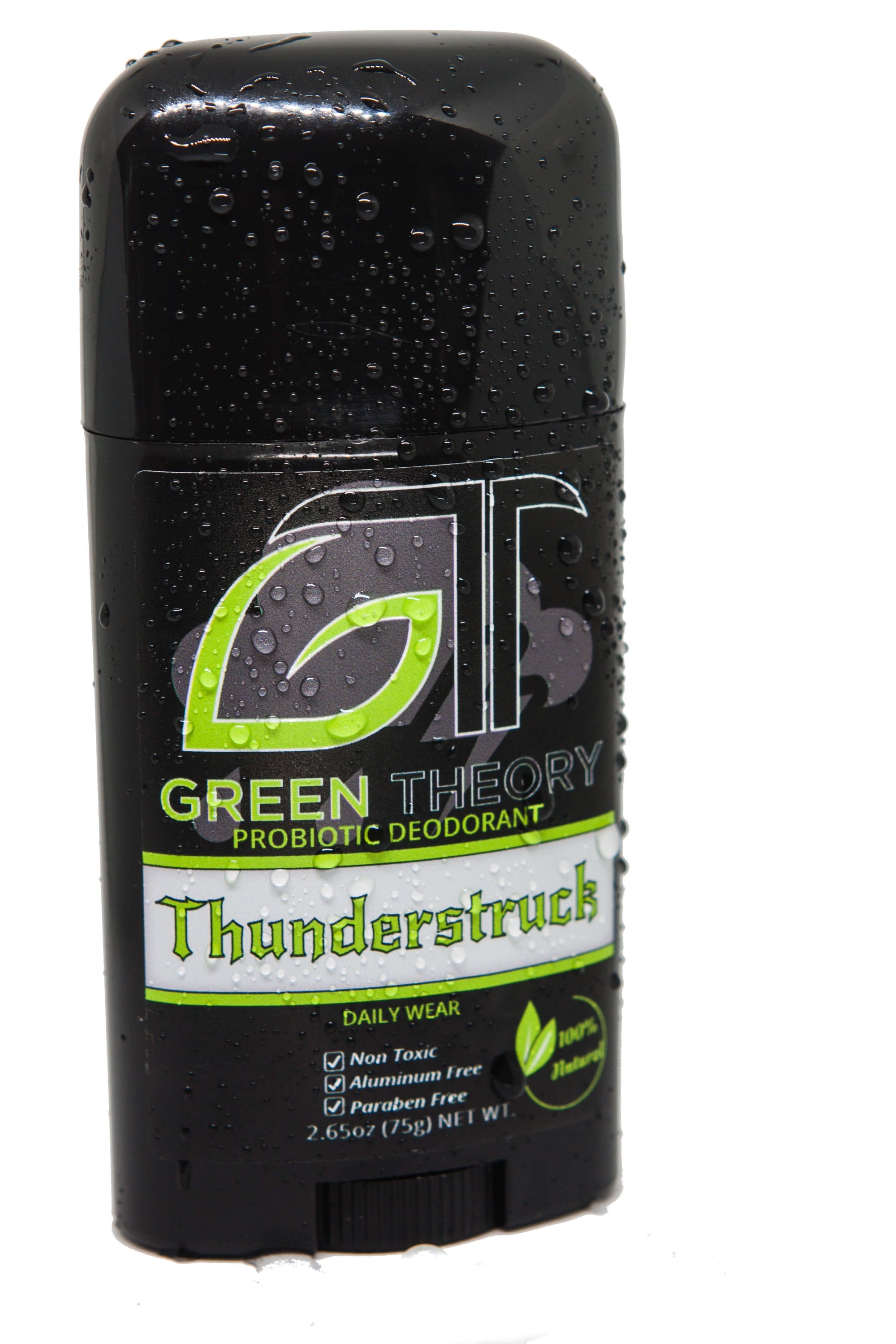 Thunderstruck Probiotic Natural Aluminum Free Deodorant with essential oils, showcasing its sleek design and natural ingredients.