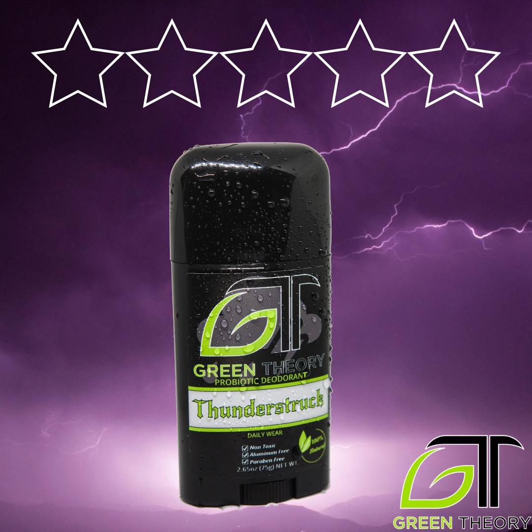 Thunderstruck Probiotic Natural Aluminum Free Deodorant with essential oils, showcasing its sleek design and natural ingredients.