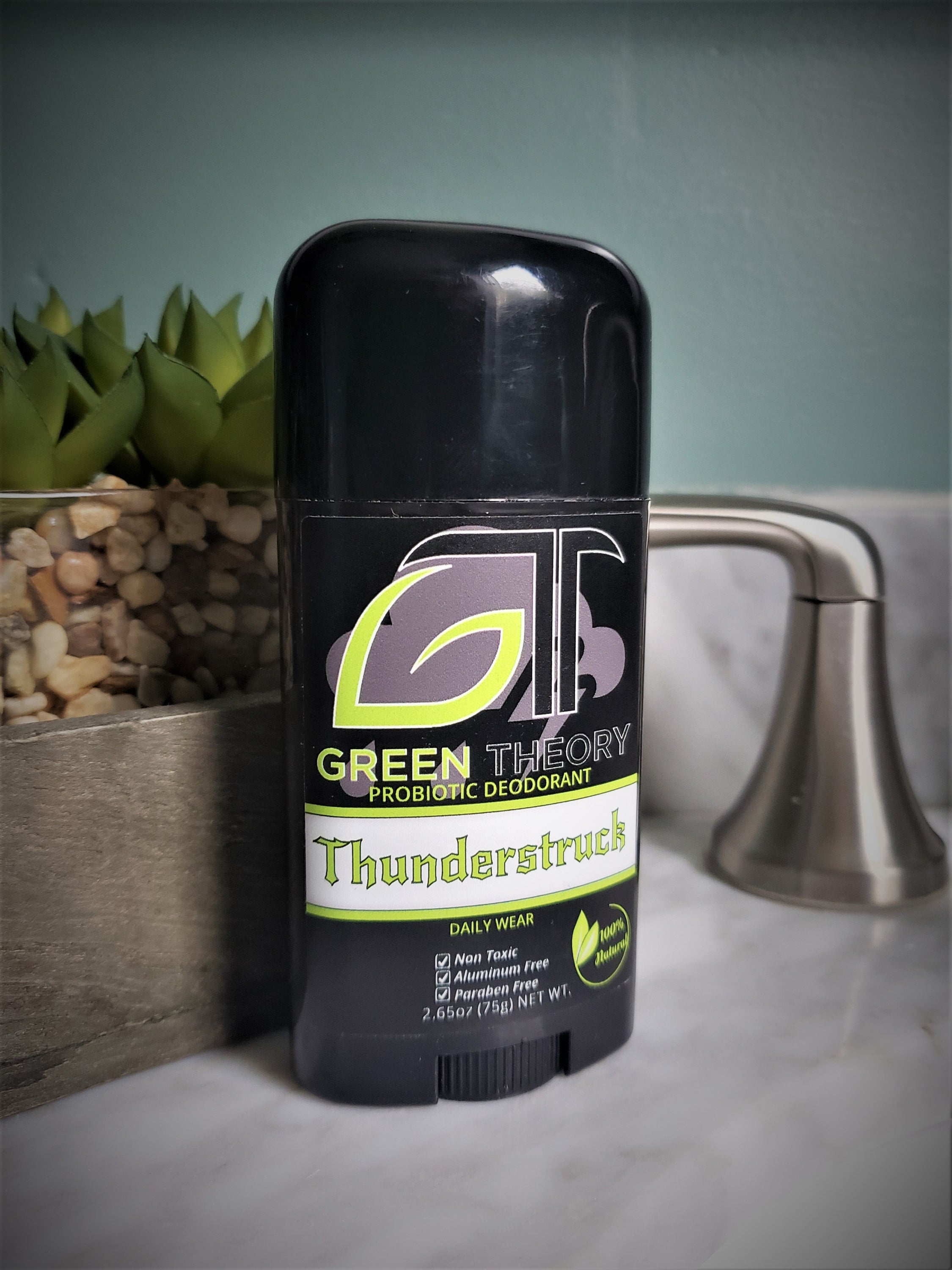 Thunderstruck Probiotic Natural Aluminum Free Deodorant with essential oils, showcasing its sleek design and natural ingredients.