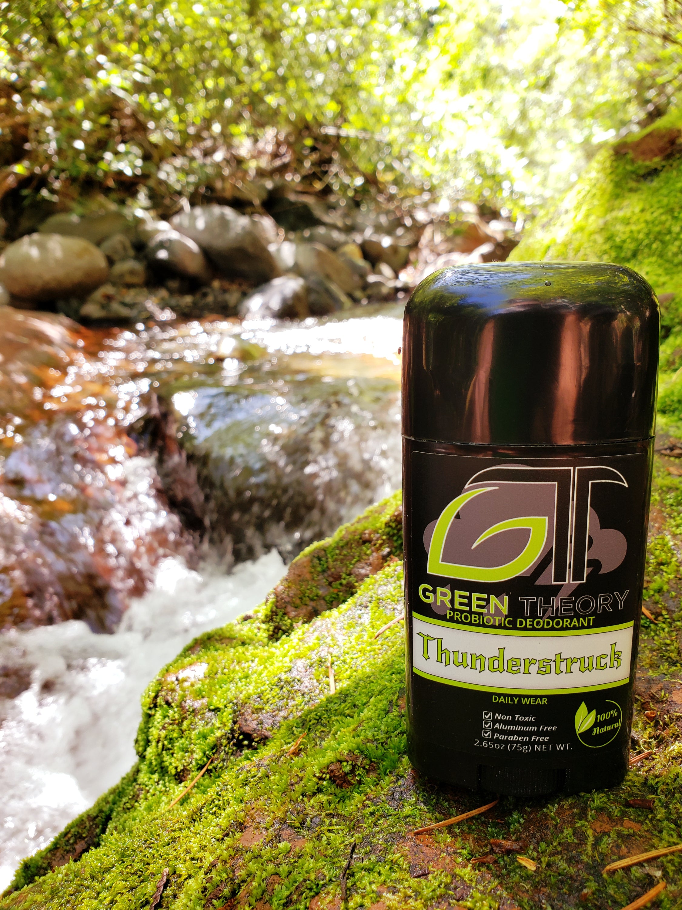 Thunderstruck Probiotic Natural Aluminum Free Deodorant with essential oils, showcasing its sleek design and natural ingredients.