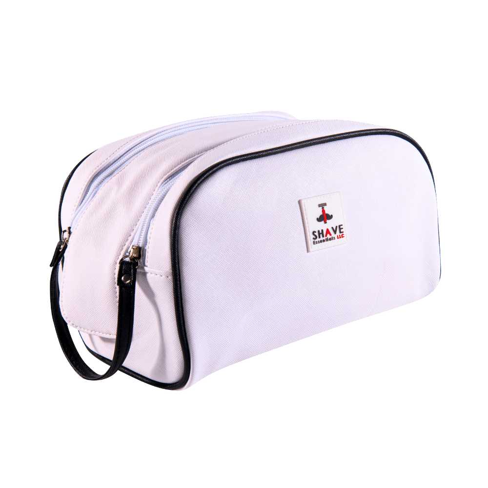 A spacious and compact Shave Essentials Toiletry Bag with double zippers, made from water-resistant material, ideal for travel and storage.