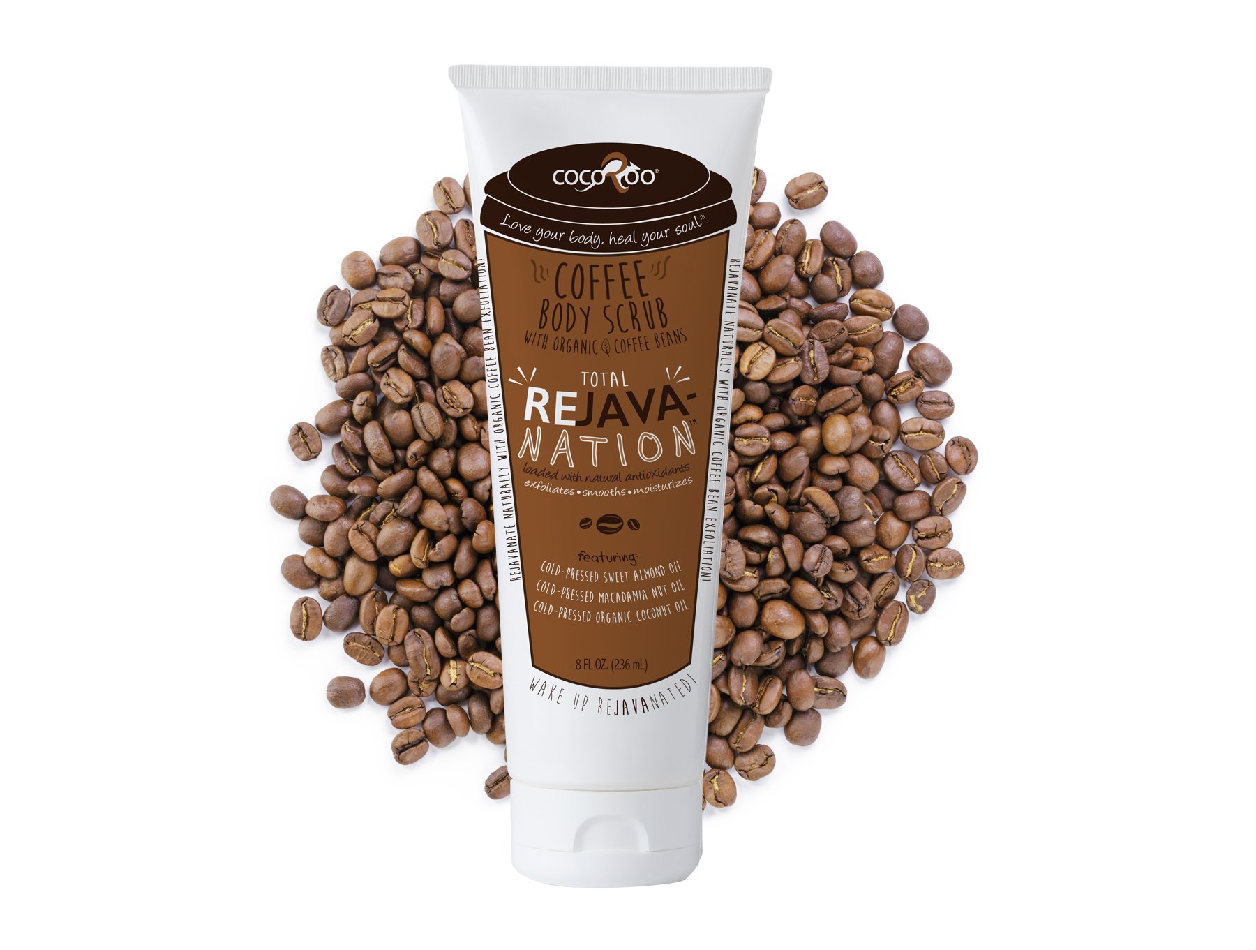 Total ReJAVAnation Coffee Scrub in an 8 oz squeeze tube, showcasing its natural ingredients and rich coffee color.