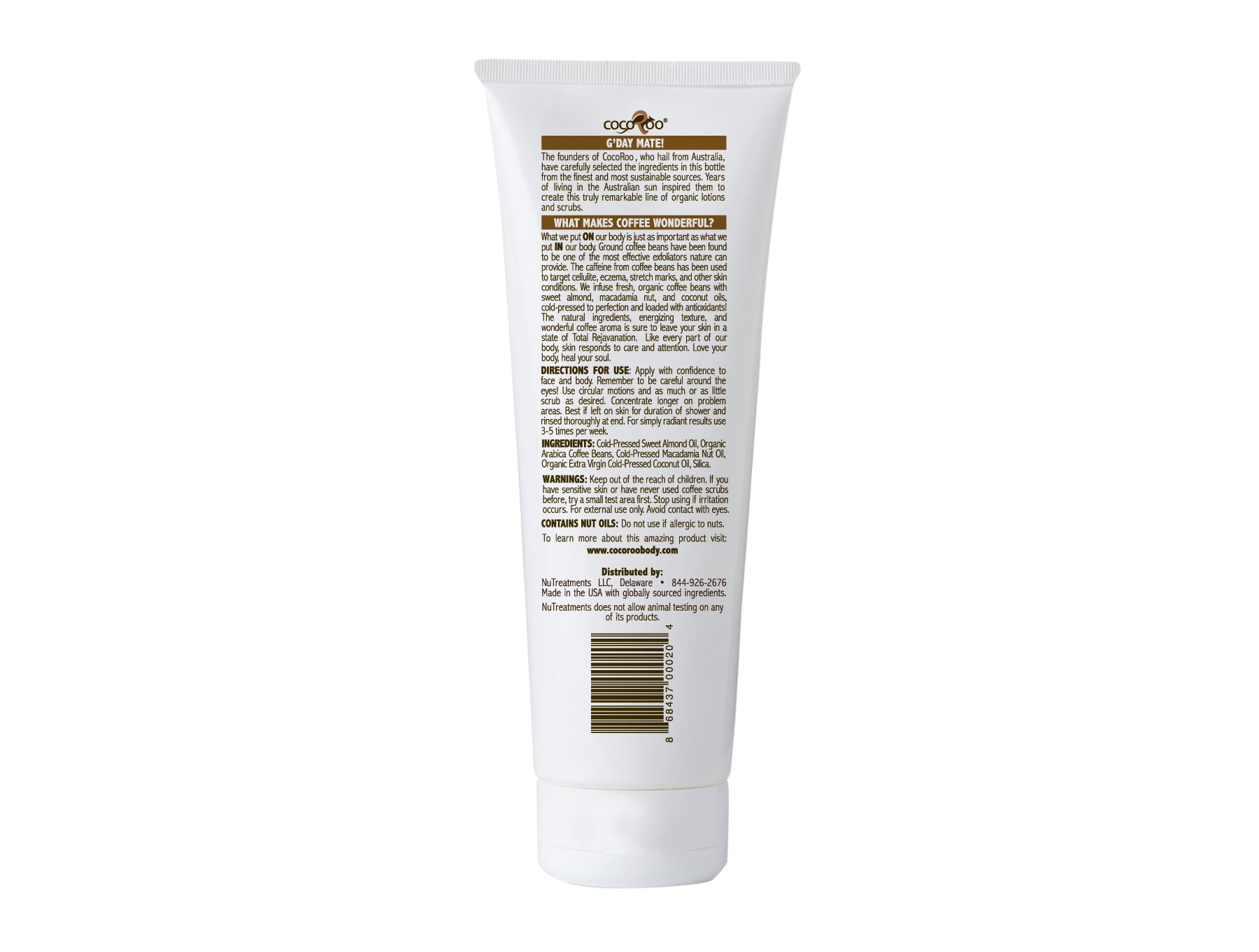 Total ReJAVAnation Coffee Scrub in an 8 oz squeeze tube, showcasing its natural ingredients and rich coffee color.