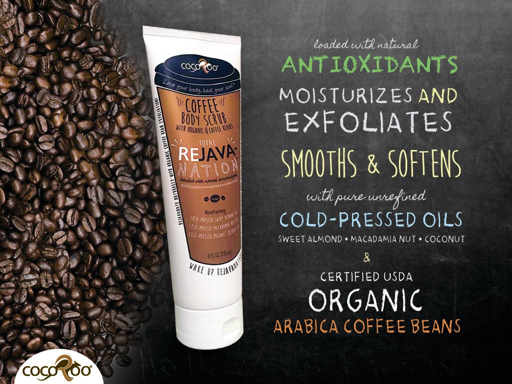 Total ReJAVAnation Coffee Scrub in an 8 oz squeeze tube, showcasing its natural ingredients and rich coffee color.